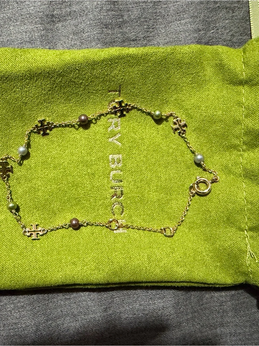 Tory Burch Gold Logo Bracelet with Multicolor Pearl Accents